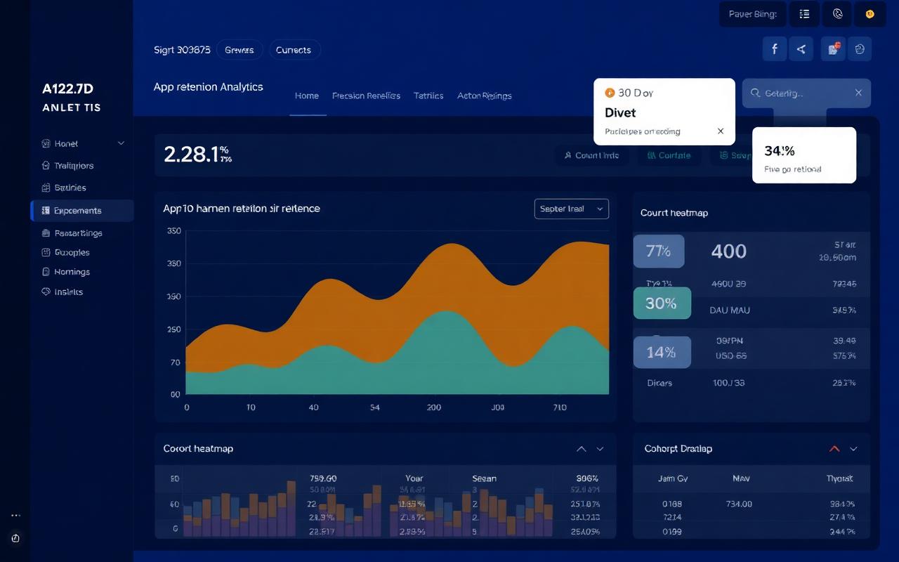 Dashboard app retention analytics với DAU/MAU, cohort heatmap, 30-day retention