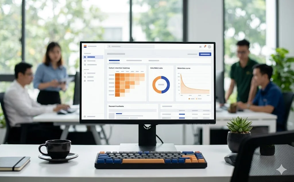 Dashboard app retention analytics với DAU/MAU, cohort heatmap, 30-day retention