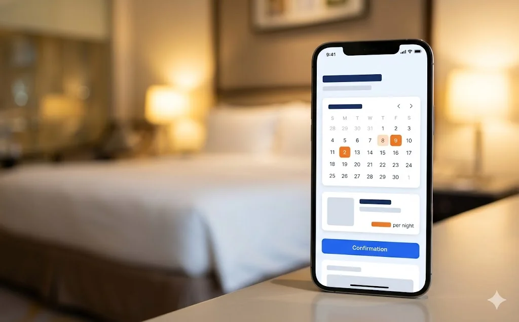 Booking engine trên website khách sạn với lịch phòng trống và giá theo ngày