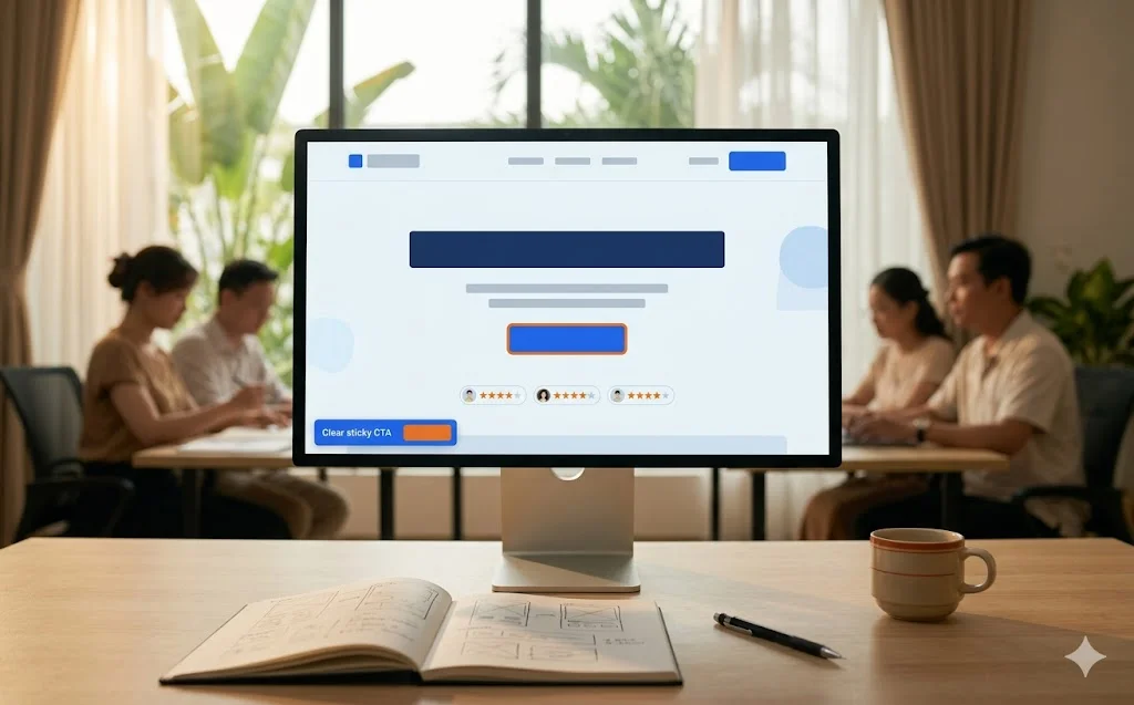 Landing page hero với sticky CTA, social proof và exit-intent popup