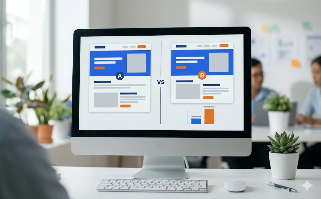 Dashboard A/B test so sánh hai biến thể landing page với thống kê chuyển đổi