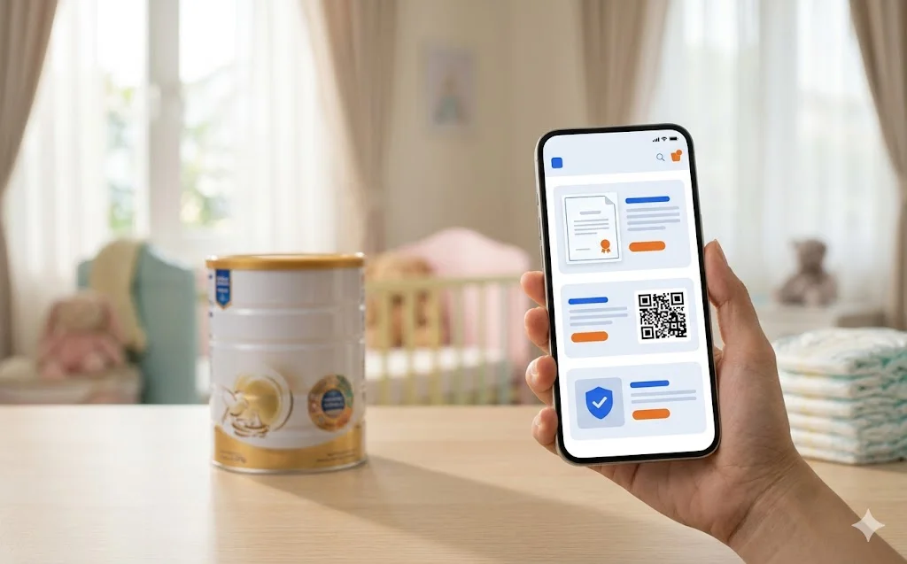 Trang sản phẩm mẹ và bé với chứng từ nguồn gốc và mã QR truy xuất