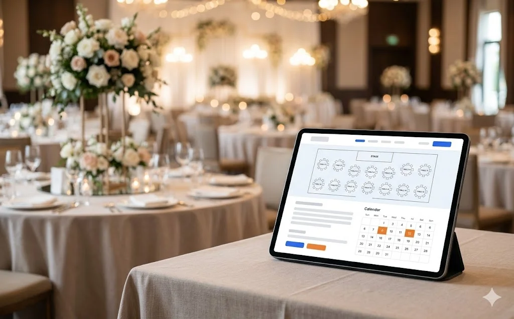 Trang sảnh tiệc cưới với sức chứa, sơ đồ bàn và form giữ chỗ theo ngày