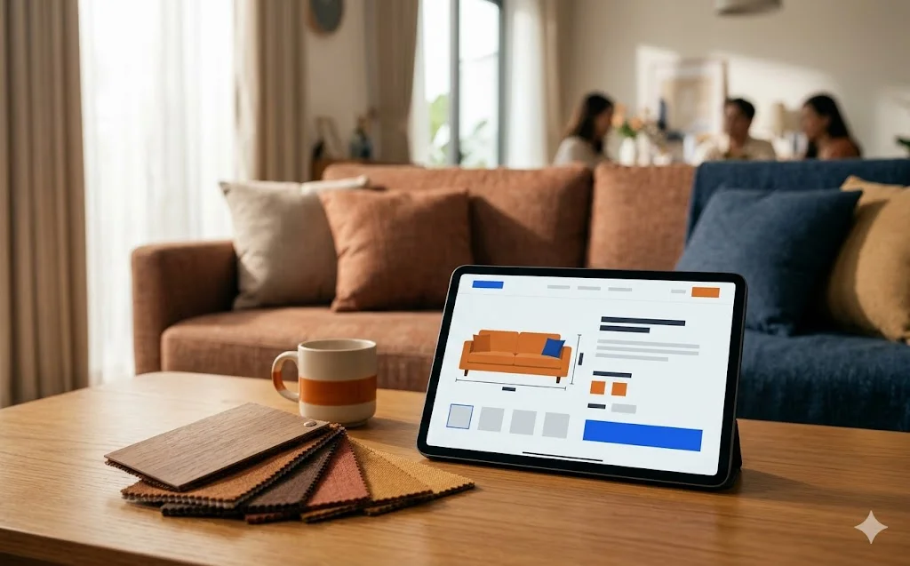 Trang sản phẩm sofa với ảnh không gian thật, kích thước chi tiết và mẫu vật liệu