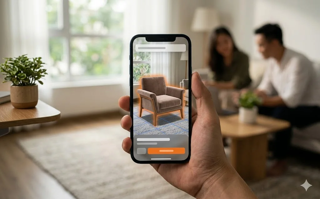 Xem trước nội thất bằng AR đặt mẫu ghế 3D vào phòng khách qua camera điện thoại