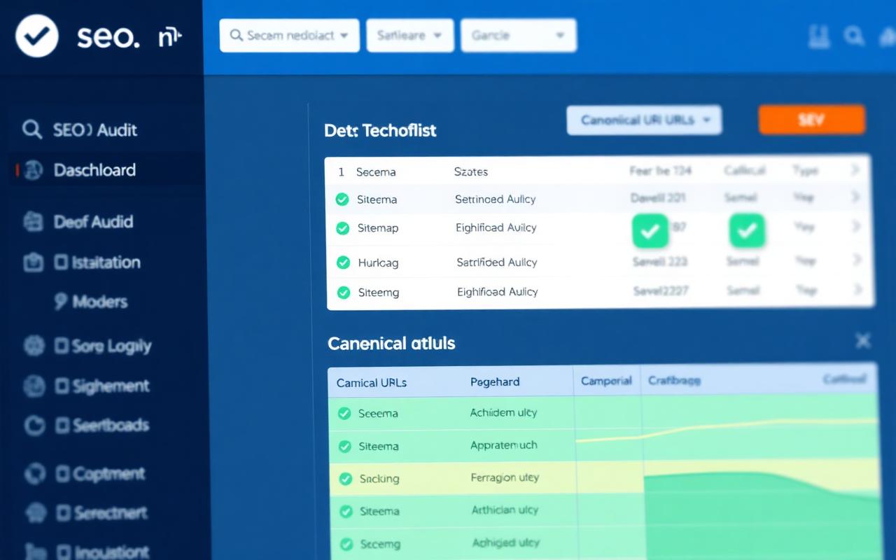 Bảng điều khiển audit SEO với checklist technical và schema validator