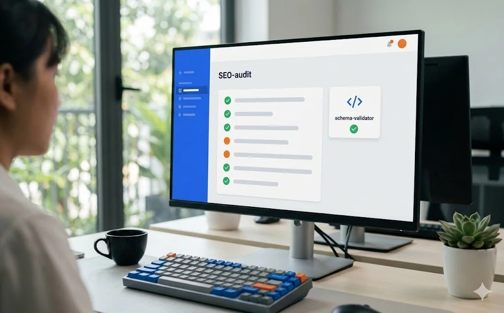 Bảng điều khiển audit SEO với checklist technical và schema validator