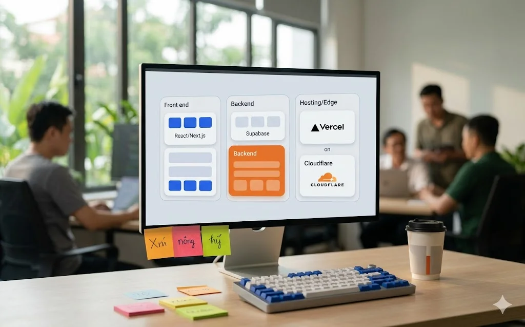 Sơ đồ tech stack hiện đại React Next.js Supabase Vercel Cloudflare