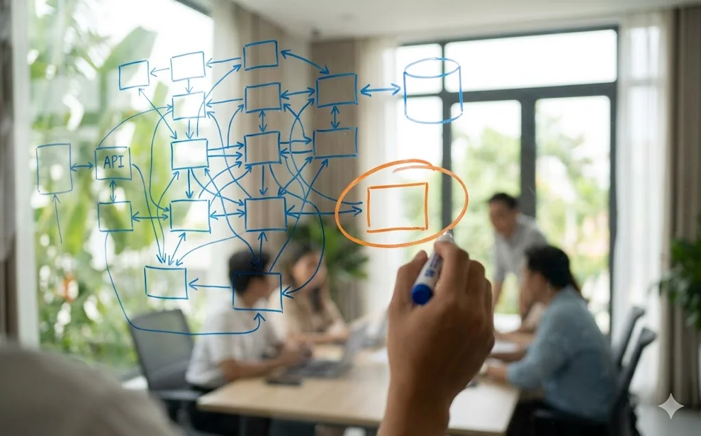 Whiteboard kiến trúc hệ thống với microservices, database, API gateway