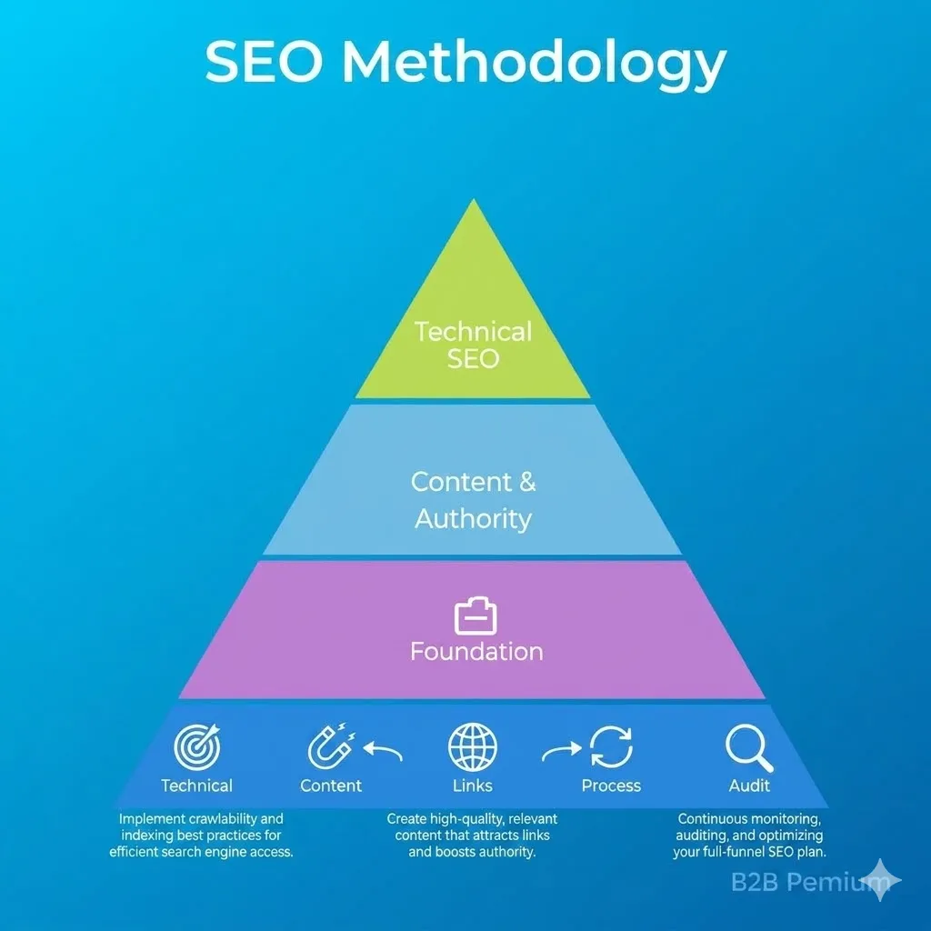Quy trình SEO tổng thể 6 bước của DebugMyApp từ audit đến tối ưu