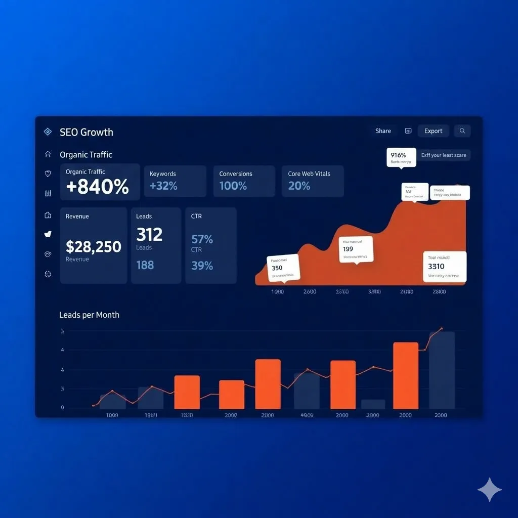 Dashboard tăng trưởng traffic organic và thứ hạng từ khoá EduFlow Academy sau 6 tháng SEO